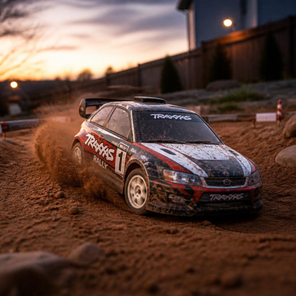 A radio controlled rally car sliding through dirt at dusk